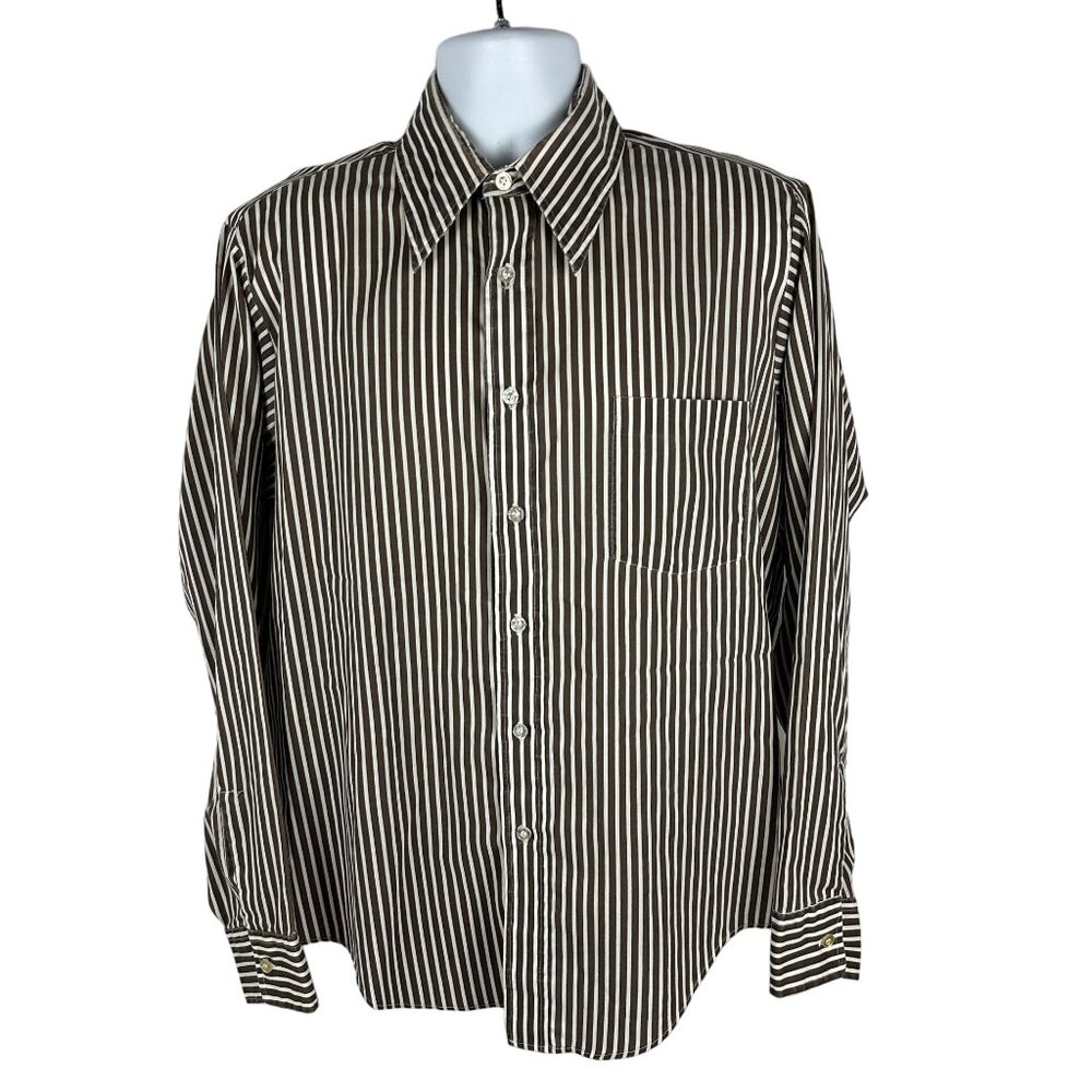 Manhattan Mens Striped Long Sleeve Button-Up Shirt Size 16 Brown & White